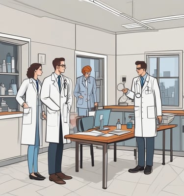 Hands typing on a laptop with a stethoscope resting on the wooden table beside it. The setting suggests a work environment that combines technology with healthcare.