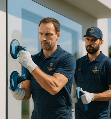 two men in blue uniforms are standing in front of a building