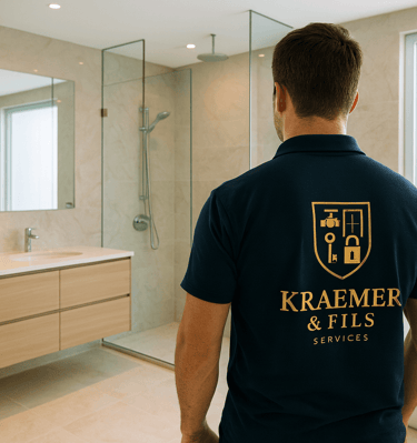 a man in a blue shirt and a white tub tub in a bathroom