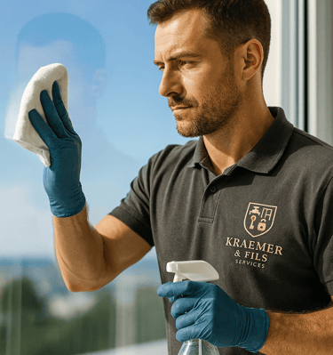 a man in a black shirt and gloves cleaning a window