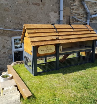 a rabbit hutch on a lawn