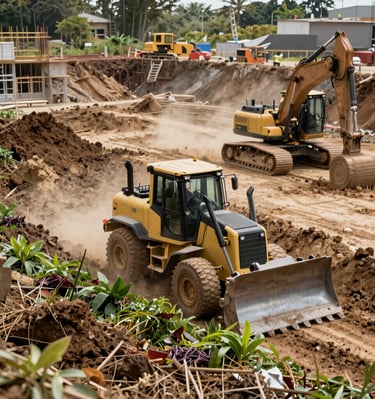 A construction site with piles of gravel and sand, surrounded by greenery and palm trees. Concrete foundations and steel rods are visible, with a cement mixer in operation. Workers can be seen in the background carrying materials.
