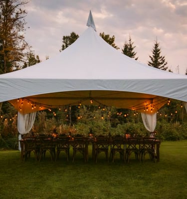 Carpa 20x20 en el patio de una casa, adornada con luces, sillas, mesas