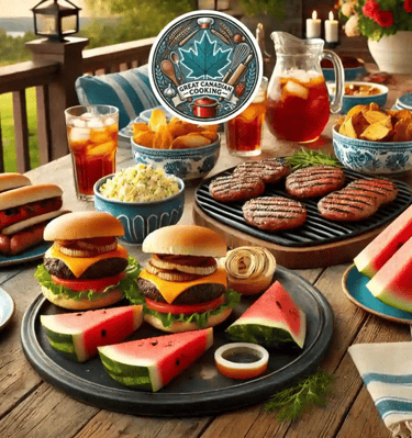 Burgers, hot dogs, iced tea, and watermelon on a rustic deck table set for a Canadian summertime bbq