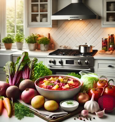 Bowl of vibrant Russian Borscht with potatoes, beets, and fresh herbs surrounded by vegetables.