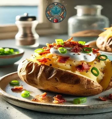 Twice-baked potato overflowing with melted cheddar, crispy bacon, and green onions.