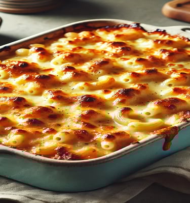 Golden brown bubbling dish of Canadian inspired Mac and Cheese
