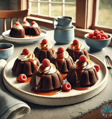 Mini chocolate molten lava cakes topped with whip cream, maple syrup, and fresh raspberries.