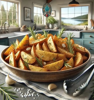 Golden oven-roasted potatoes with crispy edges, seasonded with herbs.