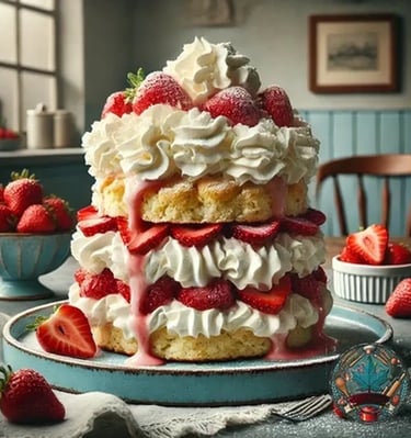 Layered strawberry shortcake with whipped cream and fresh berries on a rustic blue plate.