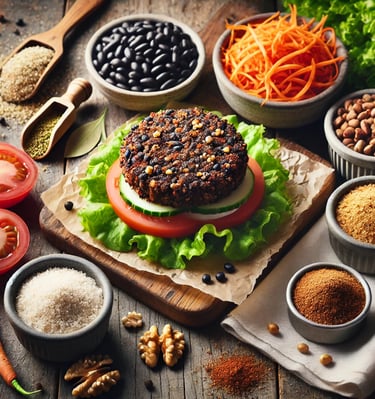 Veggie Burger is black beans, oats, nuts, and fresh vegetables in just the rig