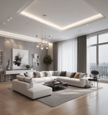 A beautifully styled living room with neutral tones and modern furniture.