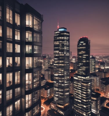 A tall, modern skyscraper with a sleek, geometric design features numerous windows and balconies. The foreground displays a sign advertising luxury penthouse suites with information on sales and rentals. Several small trees and flagpoles are lined up on the terrace, adding a touch of greenery to the urban setting.