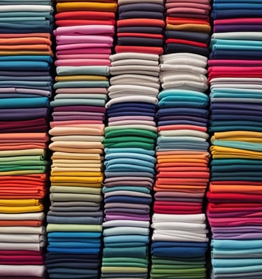A neatly stacked pile of colorful folded t-shirts is set against a bright pink background. Each shirt features unique patterns and designs, including tie-dye and cartoon motifs.