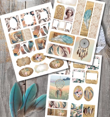a collection of boho inspired ephemera featuring feathers, flowers, and imagery in muted tones.
