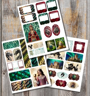 Ephemera featuring dragons, and medieval imagery on a gray wooden surface