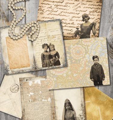 journal papers featuring vintage photos and old letters on a wooden surface with pearls