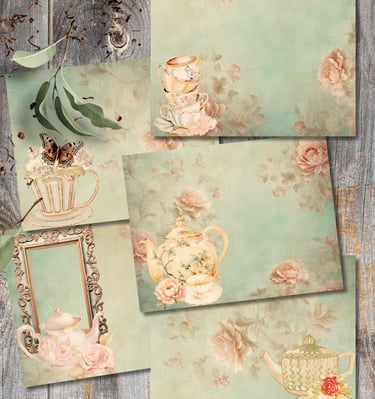 Journal background papers in light blue with pale pink flowers featuring tea related images