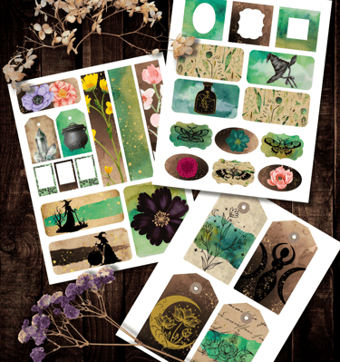 witch themed ephemera featuring metaphysical images, witchy themes, and botanicals