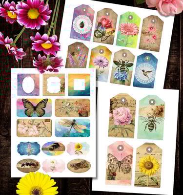 Printable vintage-style tags and labels featuring flowers, bees, butterflies, and watercolor accents
