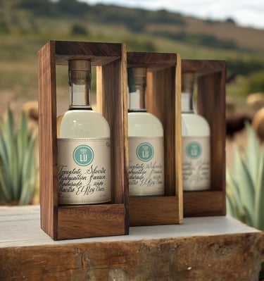 Botellas de Lu Mezcal en la sierra