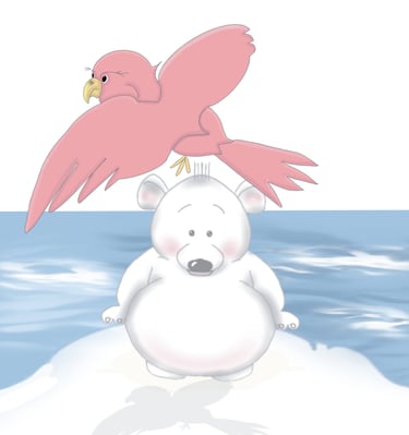 bird flying over a little polar bear on an iceberg