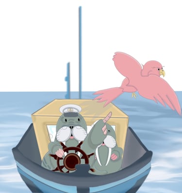 Captain walrus pointing to a bird