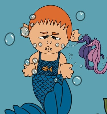 niño sirena bajo el agua con caballitos de mar