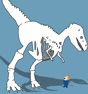 Niño pequeño frente a un enorme esqueleto de dinosaurio