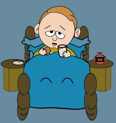 niño con un vaso de leche en la cama
