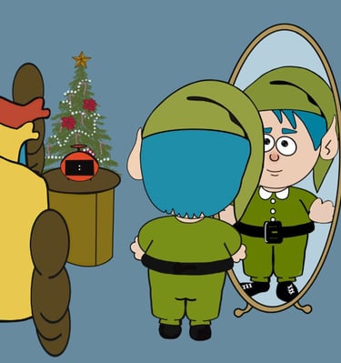Christmas elf looking in a mirror