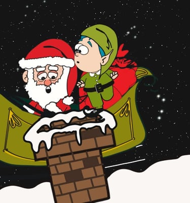 Elfo saliendo del trineo de Papá Noel hacia una chimenea.
