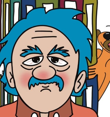 Hombre con estantería y suricata detrás de él