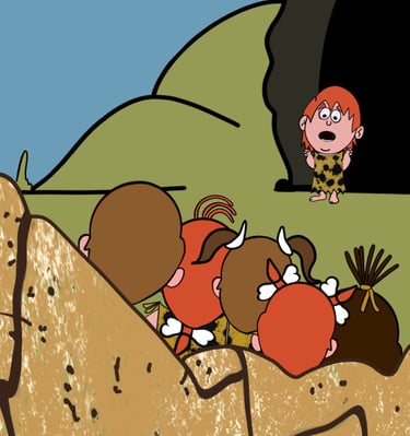 niño de las cavernas con su tribu