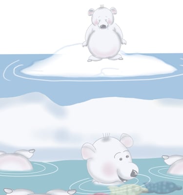 Little polar bear floating on an ice berg