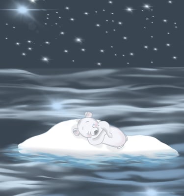baby polar bear on an ice berg on a starry night