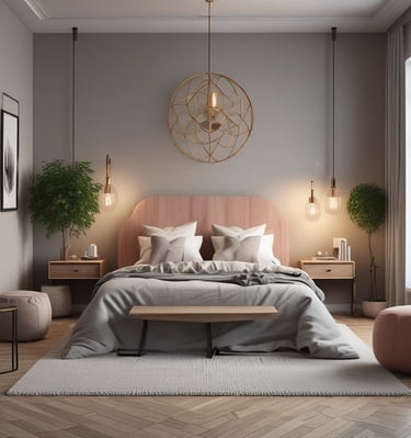 A serene bedroom with soft colors and inviting textures.