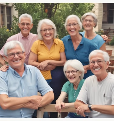 A group of active seniors enjoying a lively conversation around a dining table