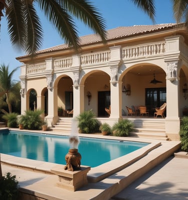 A peaceful terrace with elegant outdoor furniture and blooming plants