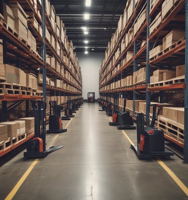 A spacious warehouse filled with various moving equipment.