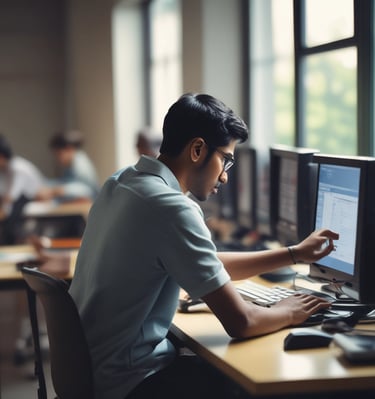 A man is standing in a workshop or industrial setting, interacting with a large piece of machinery or equipment. He is holding a keyboard and appears to be concentrating on the work at hand. The environment looks clean and organized, with various wires and components visible around him.