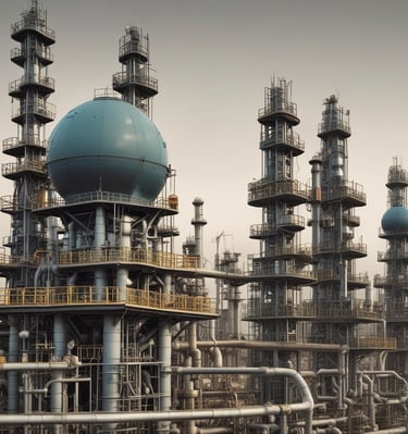 An industrial indoor scene showing an intricate setup of machinery and equipment. There are numerous cables and pipes intertwined, with a chain hoist hanging from above. A staircase is visible on the left side, leading to a platform with railings. Various electrical equipment and control boxes are positioned around the area. The environment seems to be part of a larger facility, with a large vent pipe running horizontally across the wall in the background.