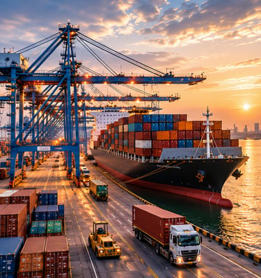 Container port with cargo ship supporting international exports