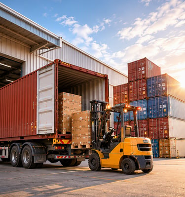 Forklift loading export cargo into a shipping container