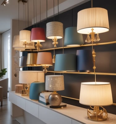 A modern interior with a sleek, glossy cabinet and a display of colorful samples on the wall. The setting is well-lit with natural light coming through a large window, and the decor is minimalistic and polished.
