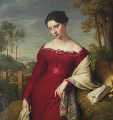 A Regency lady in a red gown in a a rural setting.