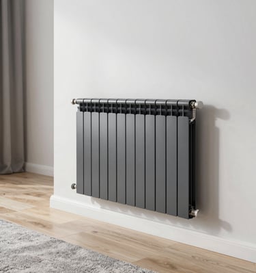 Warm and cozy radiator heating setup glowing softly in a navy-blue themed living room.