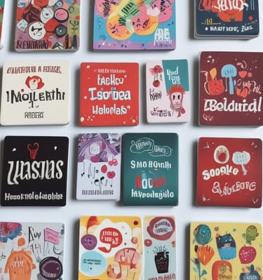 A display board is filled with a variety of colorful souvenir magnets and trinkets. There are numerous designs, including evil eye symbols, maps, and animal shapes, all with a theme related to Cyprus. In the background, a person is sitting at a table, slightly out of focus, and there are soft white feathery decorations hanging from above.