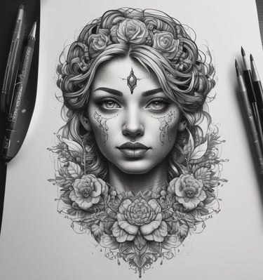 An urban street scene features a row of classic European-style buildings with ornate architectural details and large arched windows. The facade of a tattoo and piercing shop is prominent in the foreground. The buildings are painted in warm shades of beige, yellow, and orange. Leafy trees line the street, and iron fences are visible along the sidewalks.