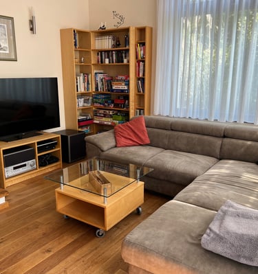 Moderner Wohnbereich im Ferienhaus Panoramablick in Hattingen mit Kamin und Sofa.